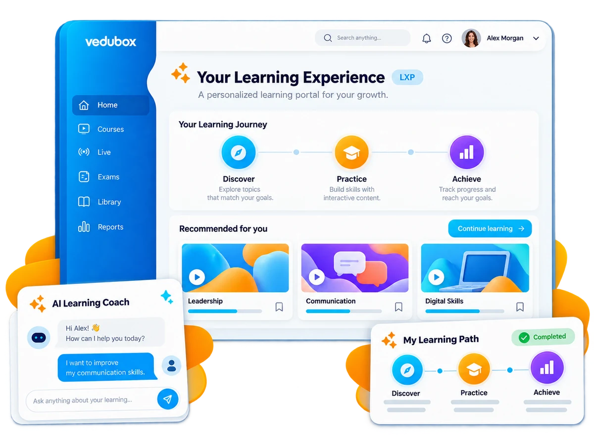 Personalized LXP with recommended courses, learning paths and an AI learning coach.